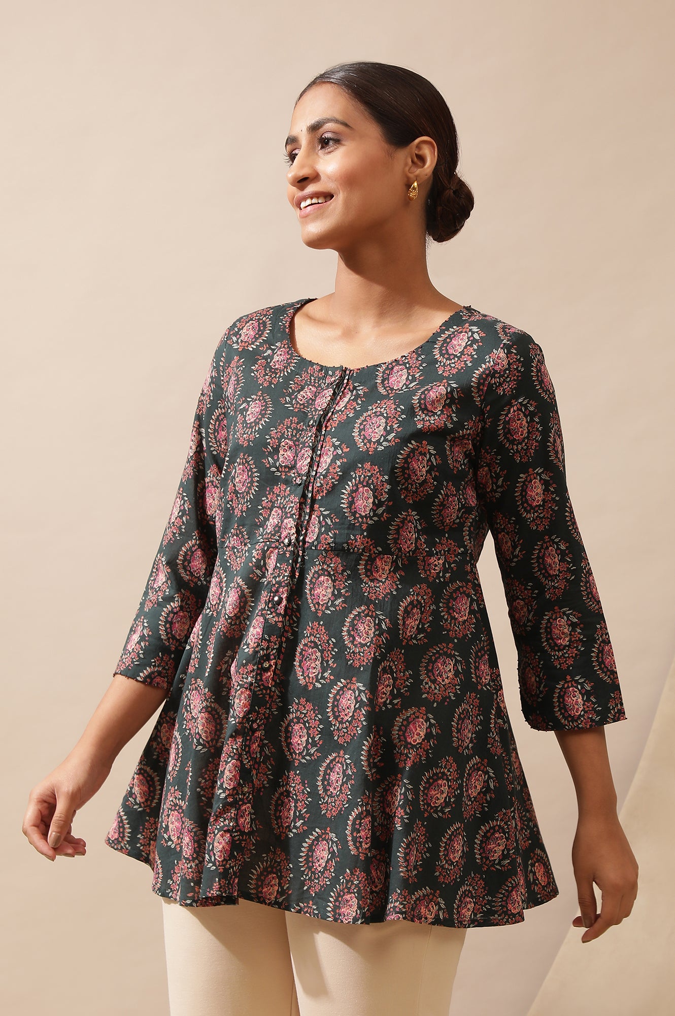 Dark Green Hand Block Print Circular Hem Top