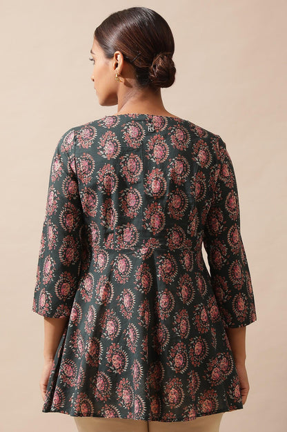 Dark Green Hand Block Print Circular Hem Top - wforwoman