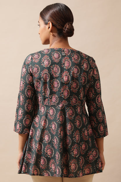 Dark Green Hand Block Print Circular Hem Top