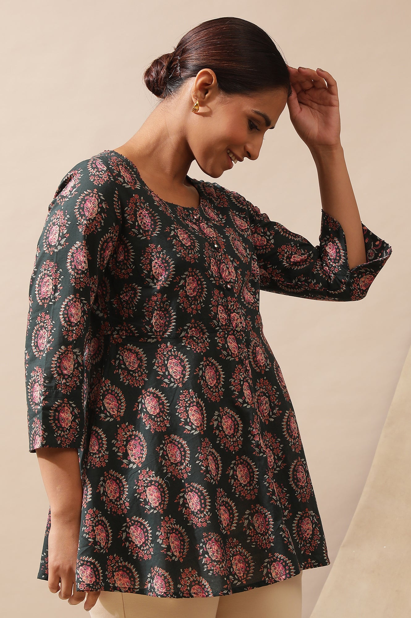 Dark Green Hand Block Print Circular Hem Top