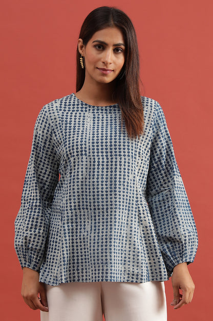 Light Grey And Indigo Dabu Printed Top