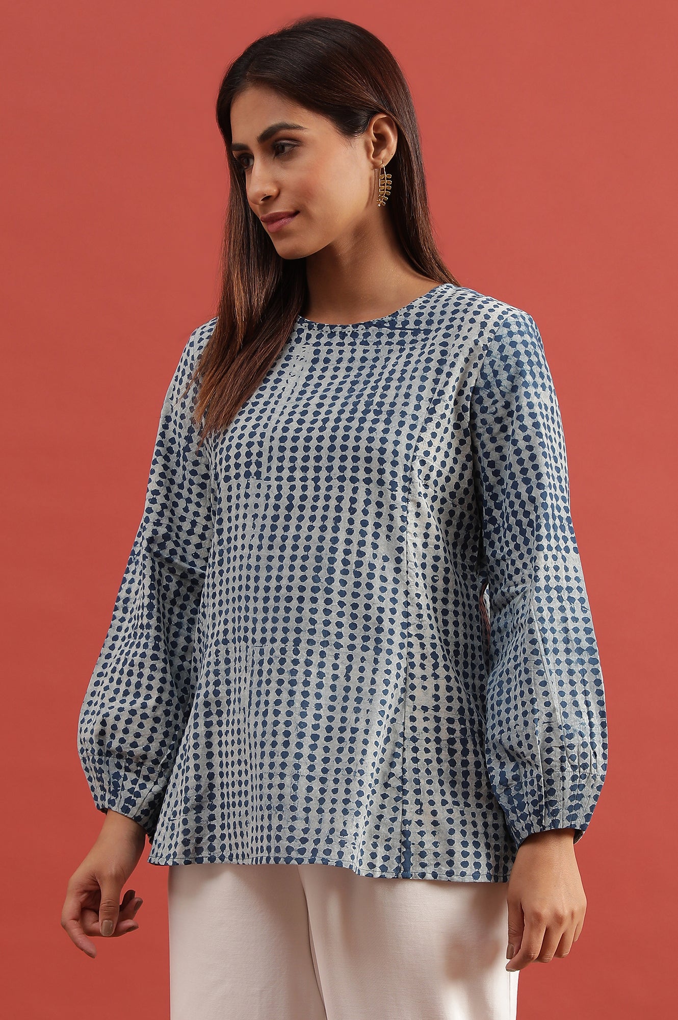 Light Grey And Indigo Dabu Printed Top