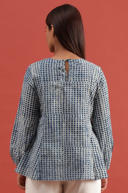 Light Grey And Indigo Dabu Printed Top