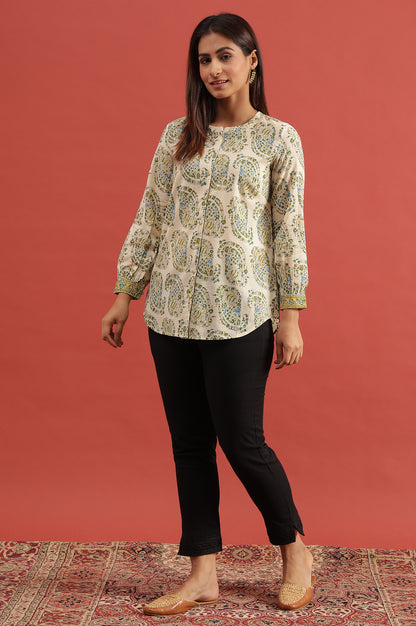 Ecru Hand Block Printed Shirt - wforwoman