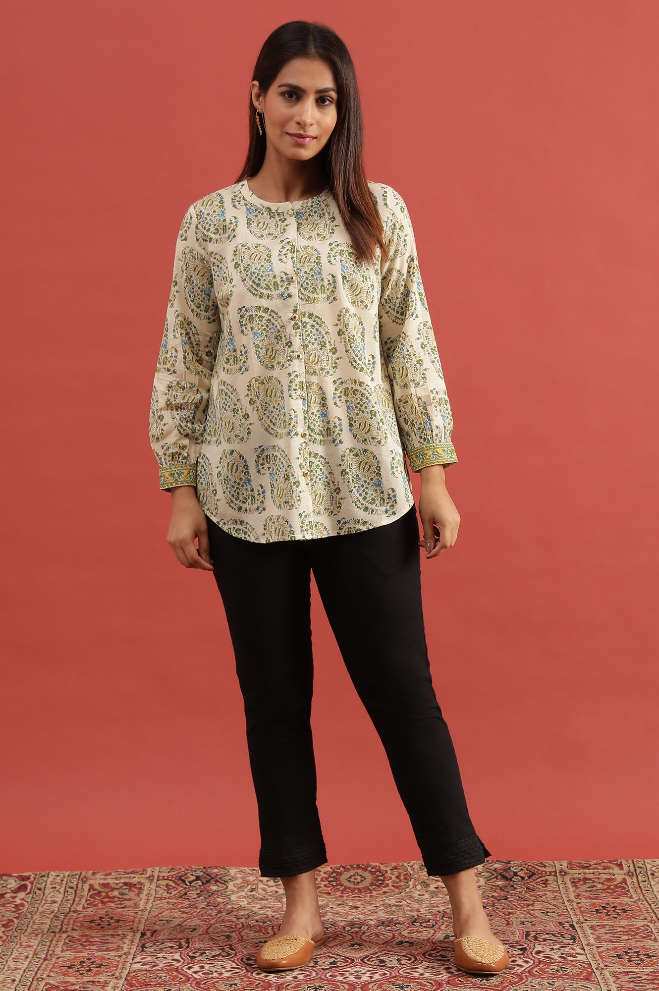 Ecru Hand Block Printed Shirt - wforwoman