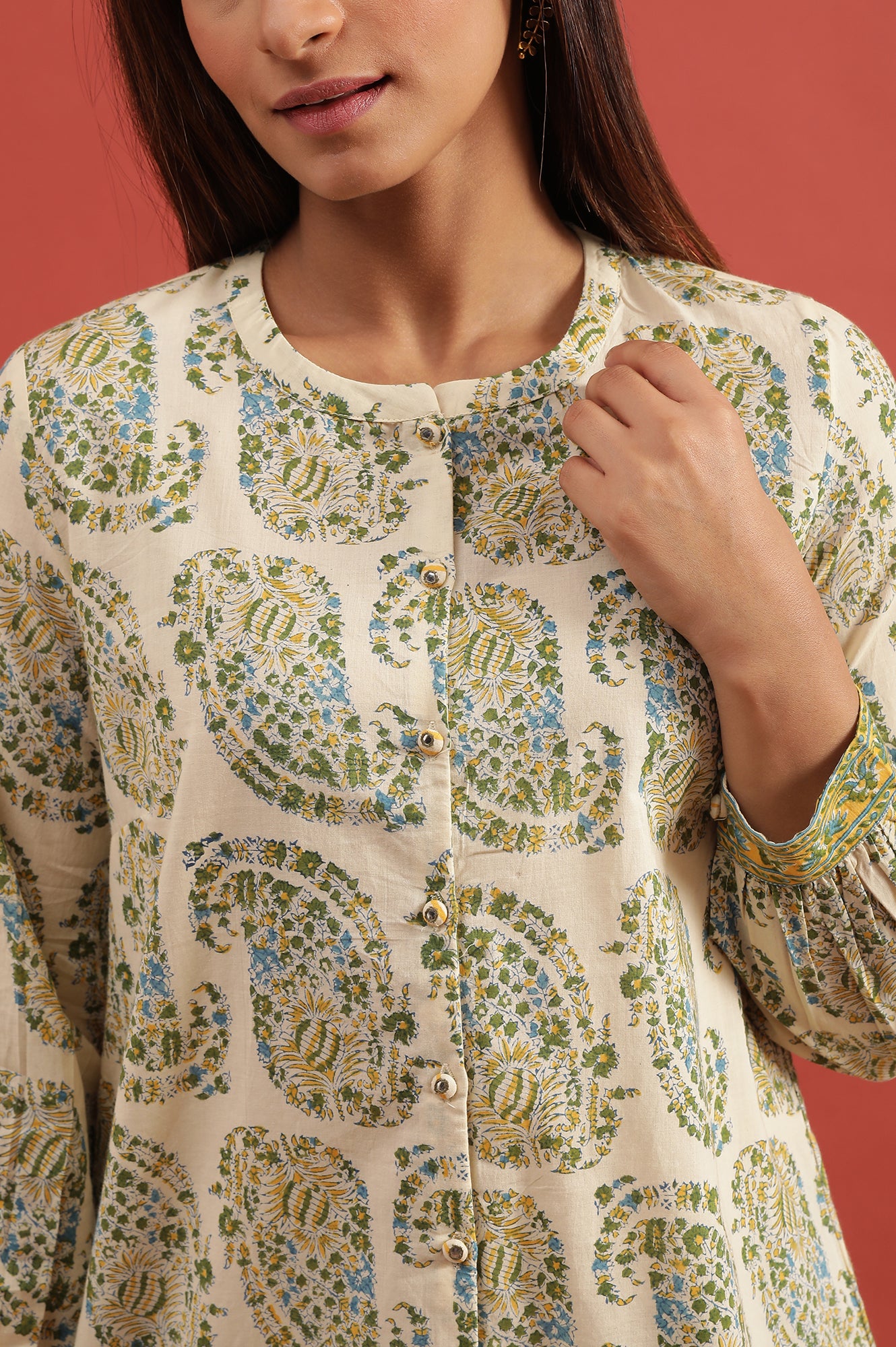 Ecru Hand Block Printed Shirt - wforwoman