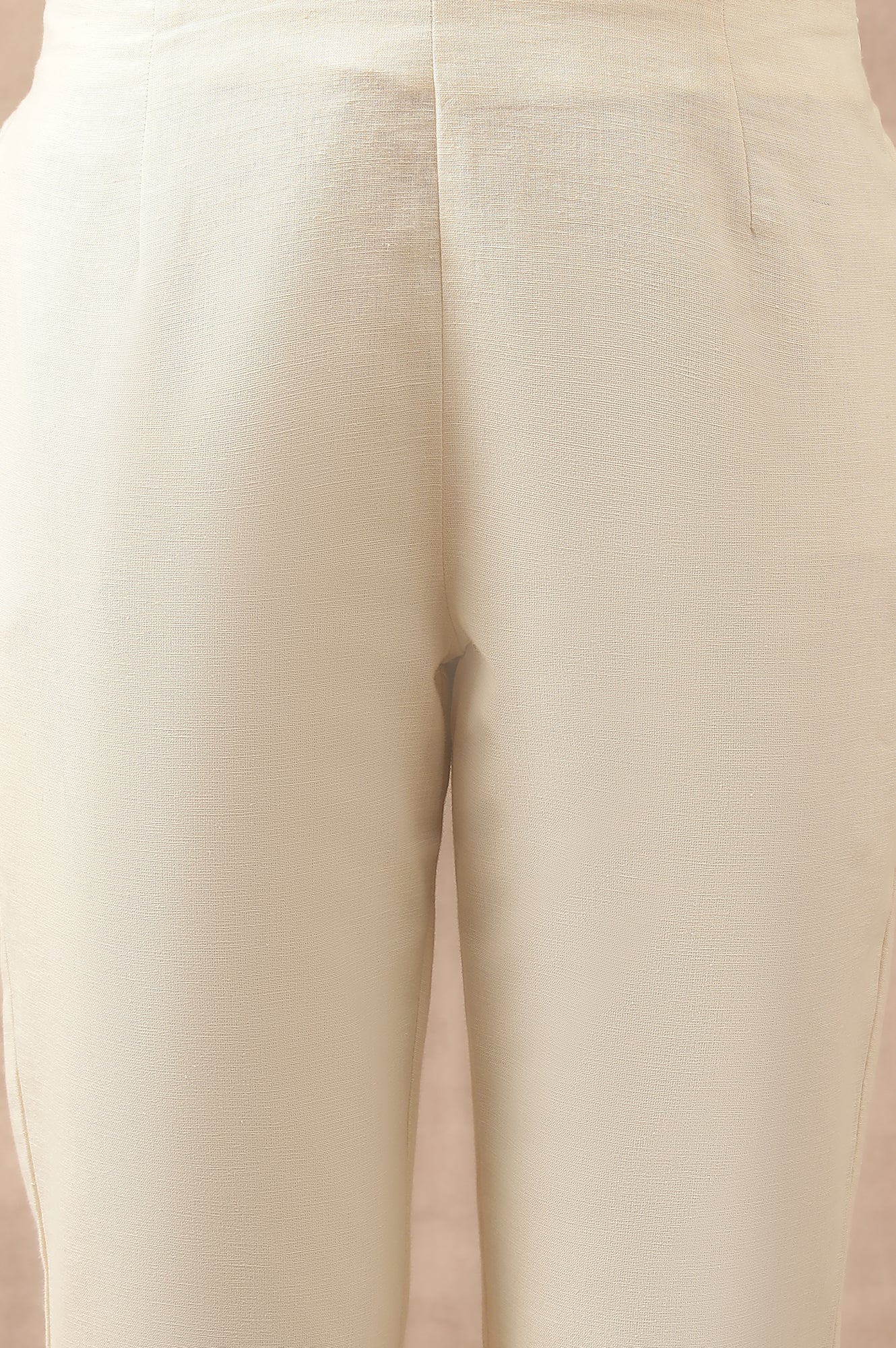 Ecru Solid Slim Pants In Cotton Flax