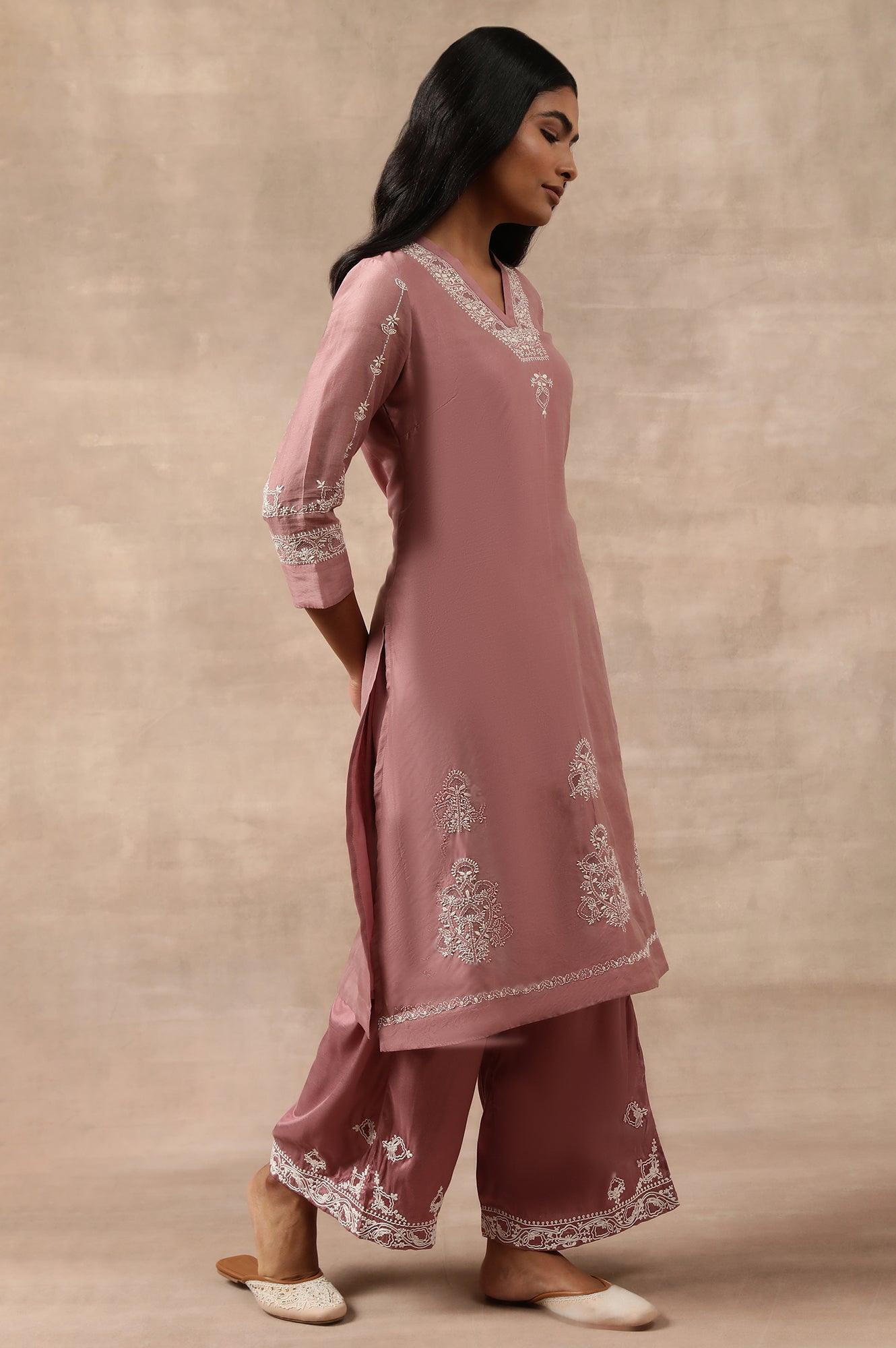 Pink Parallel Pants With Dori Embroidery At Hem - wforwoman
