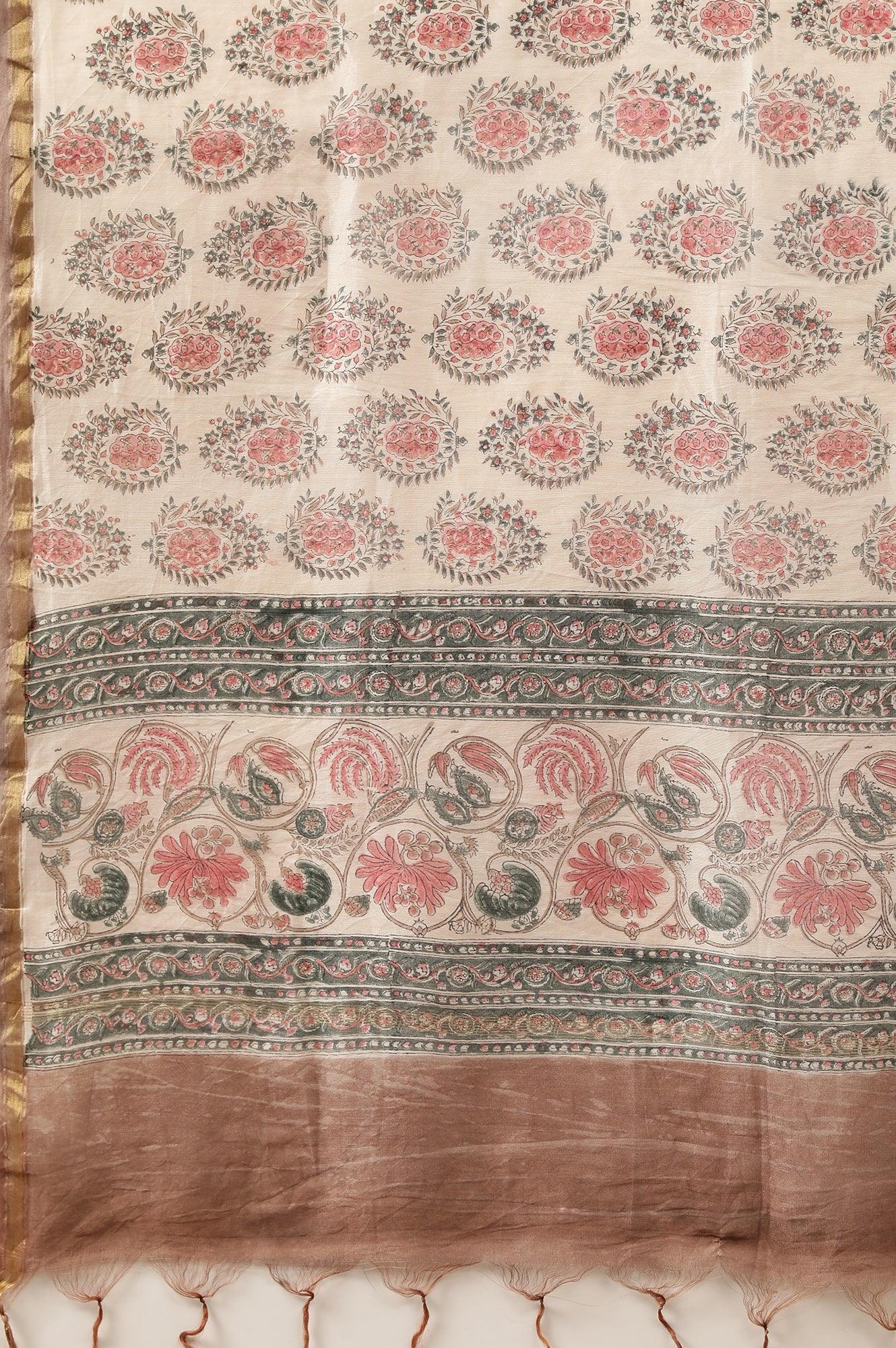 Ecru Multicoloured Printed Cotton Silk Drape - wforwoman