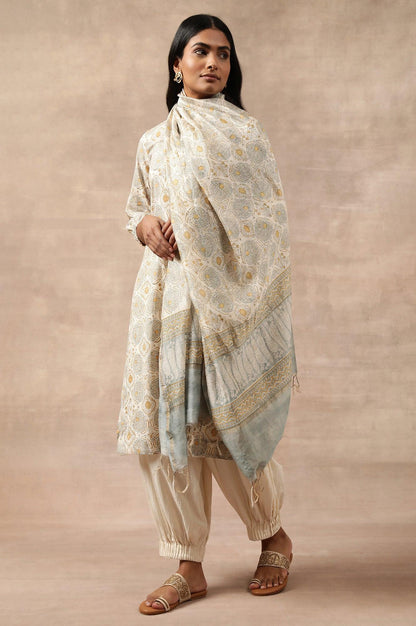 Ecru Printed Cotton Silk Drape - wforwoman