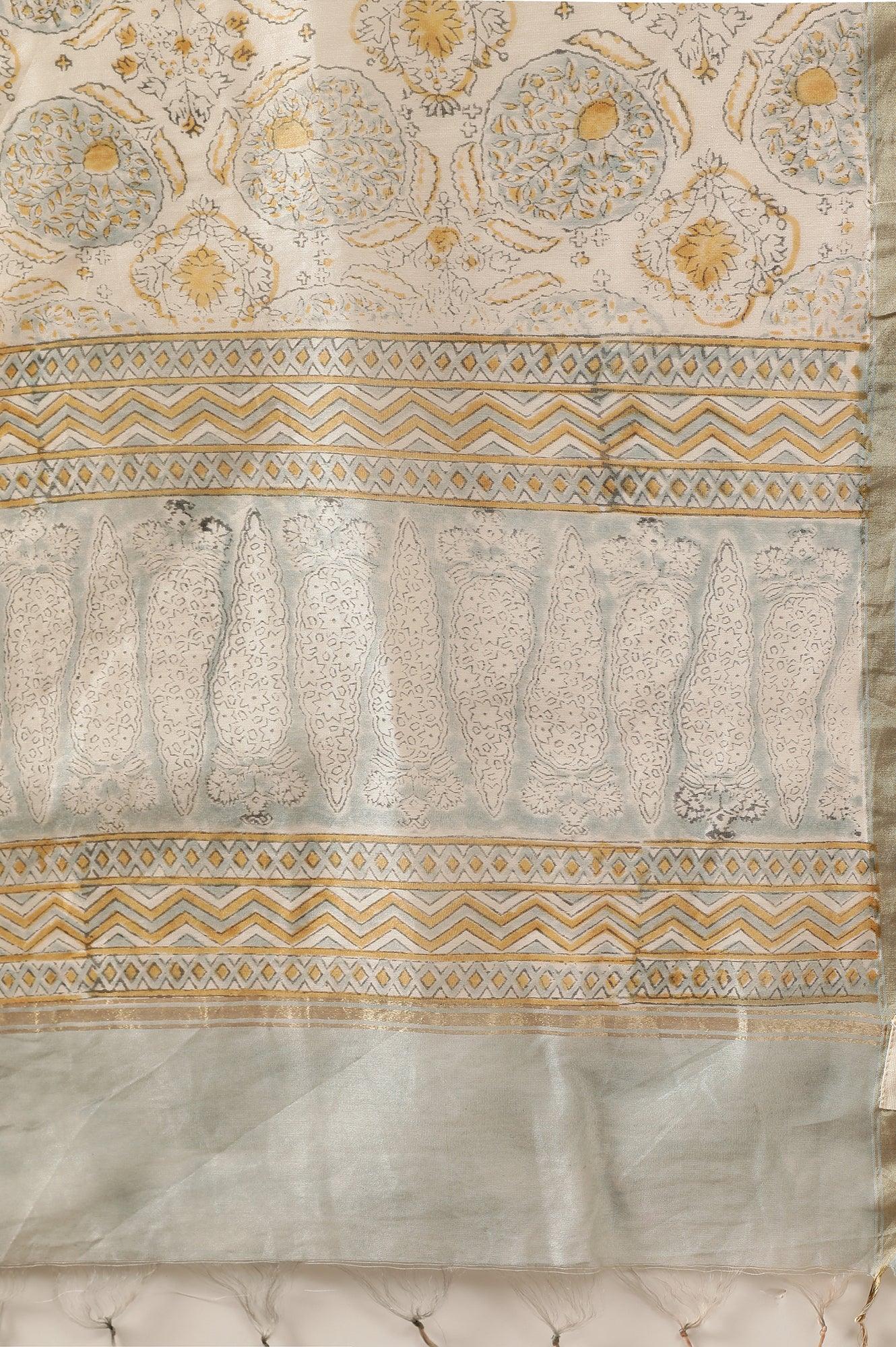 Ecru Printed Cotton Silk Drape - wforwoman
