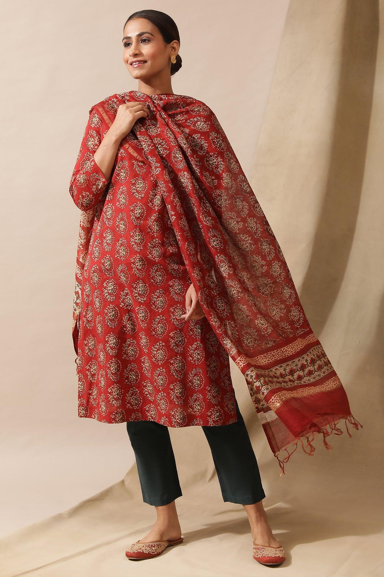 Red Printed Cotton Silk Drape - wforwoman