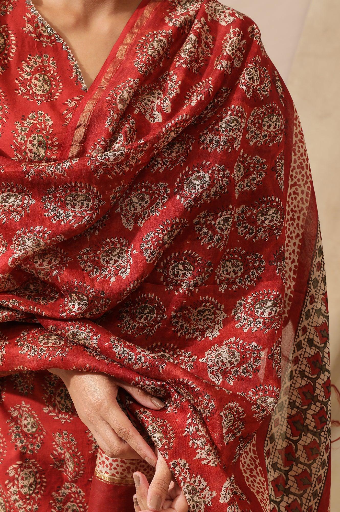 Red Printed Cotton Silk Drape - wforwoman