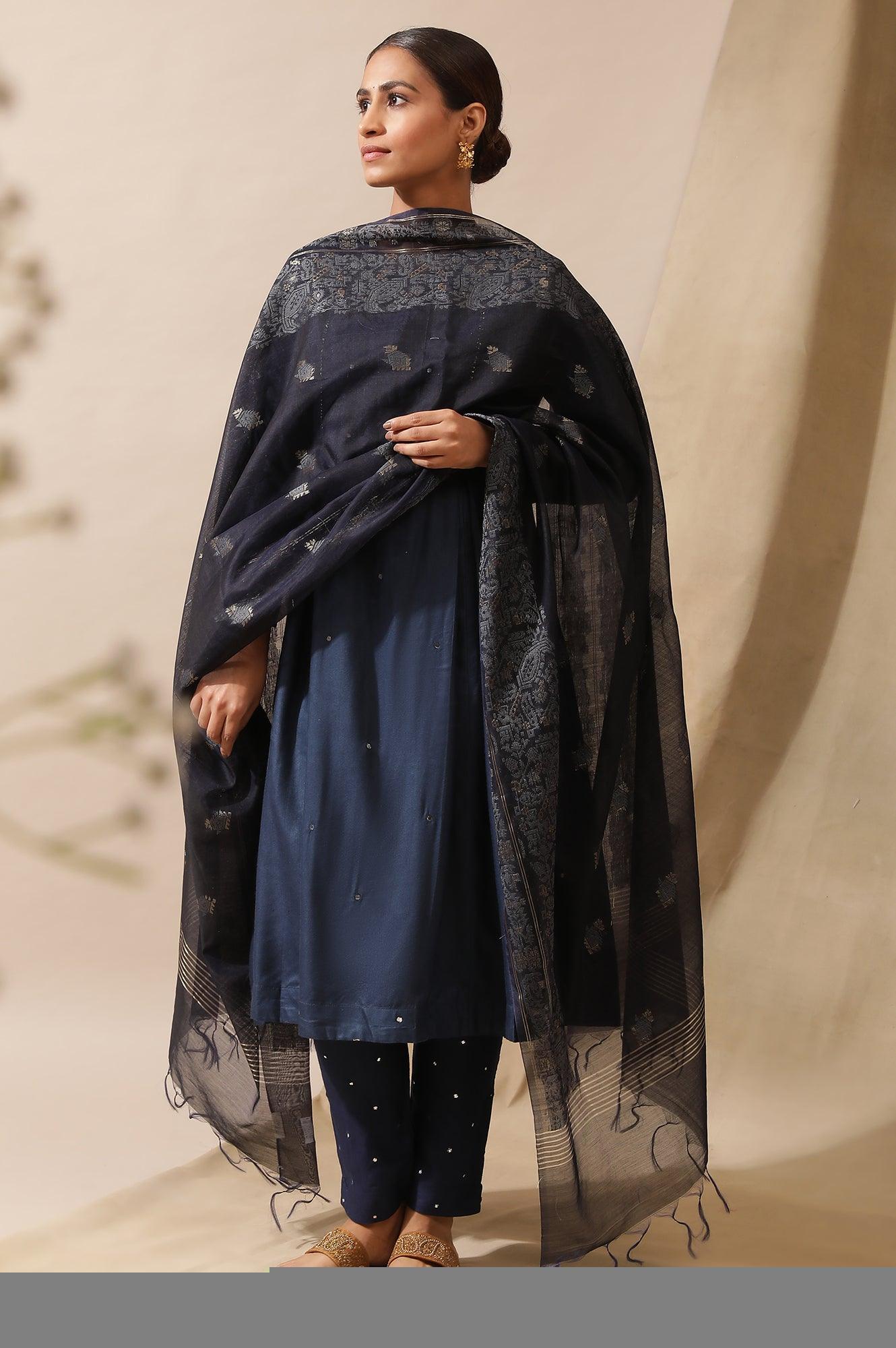 Blue Cotton Silk Jacquard Drape - wforwoman