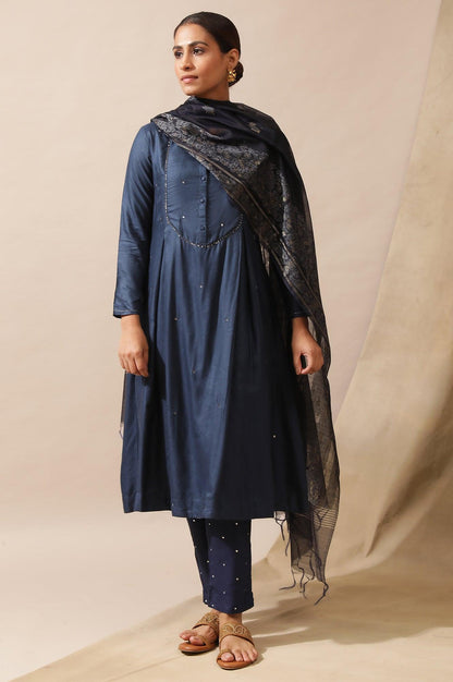 Blue Cotton Silk Jacquard Drape - wforwoman