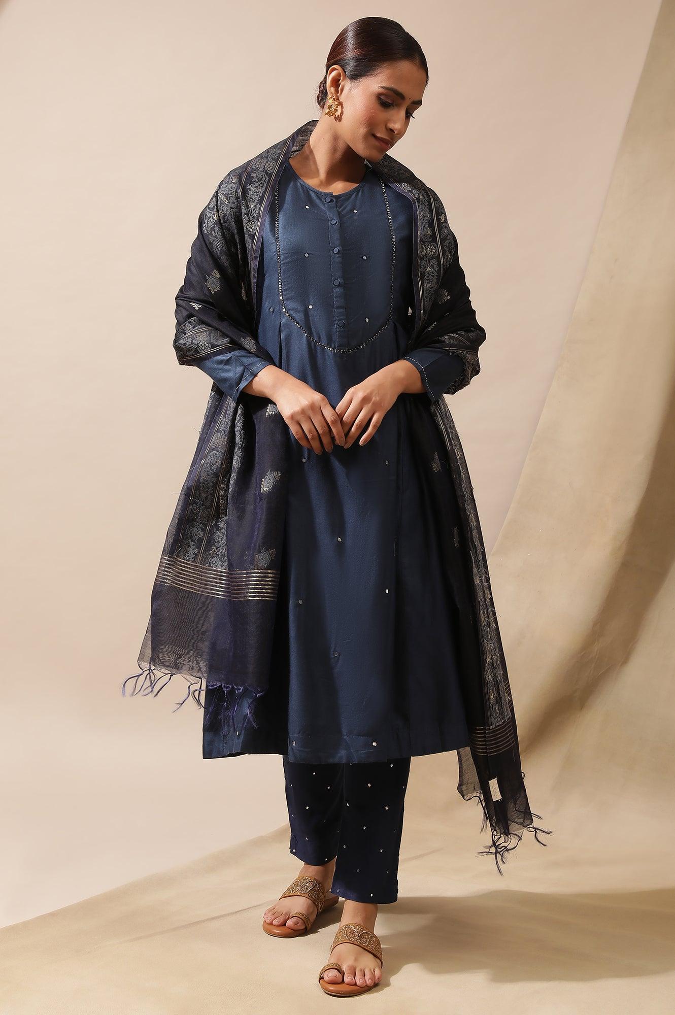 Blue Cotton Silk Jacquard Drape - wforwoman