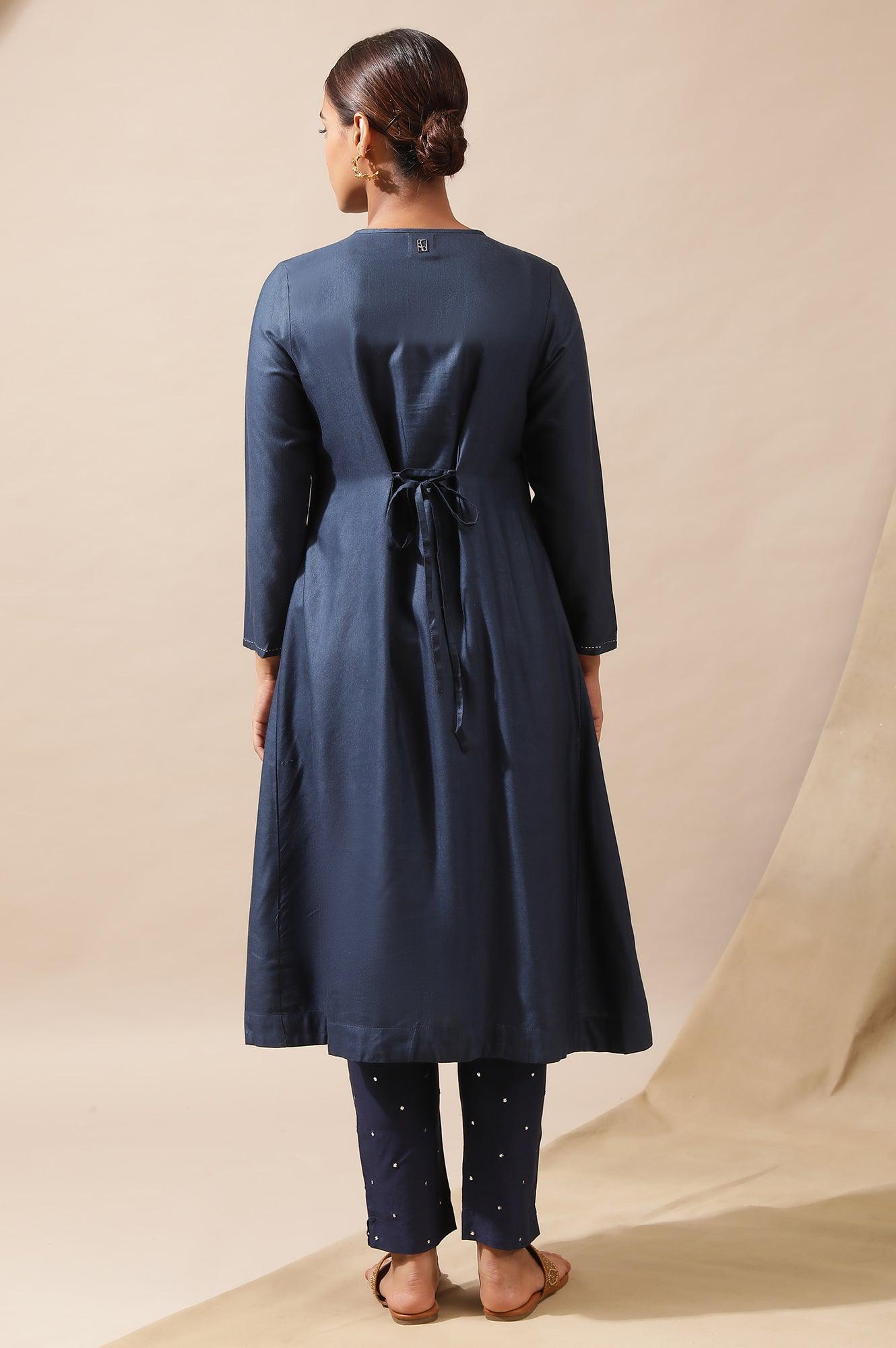 Blue Cotton Silk Jacquard Drape - wforwoman