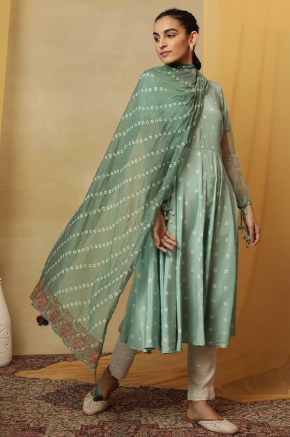 Green Printed Drape With Multicolored Embroidery - wforwoman