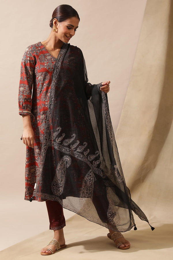 Jet Black Tepchi Embroidered Kota Drape