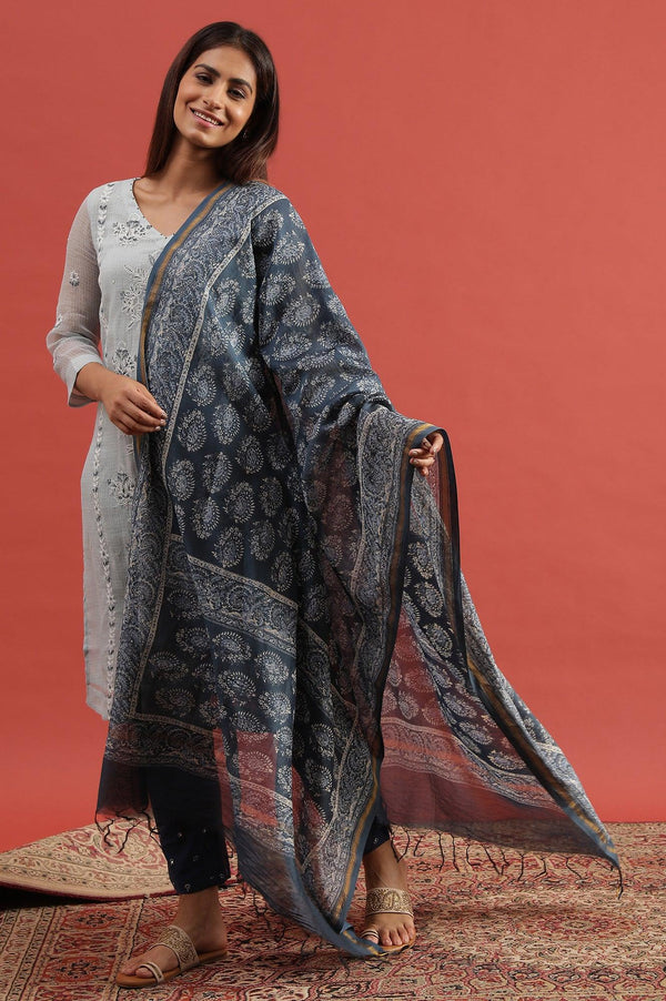 Blue Printed Cotton Silk Drape