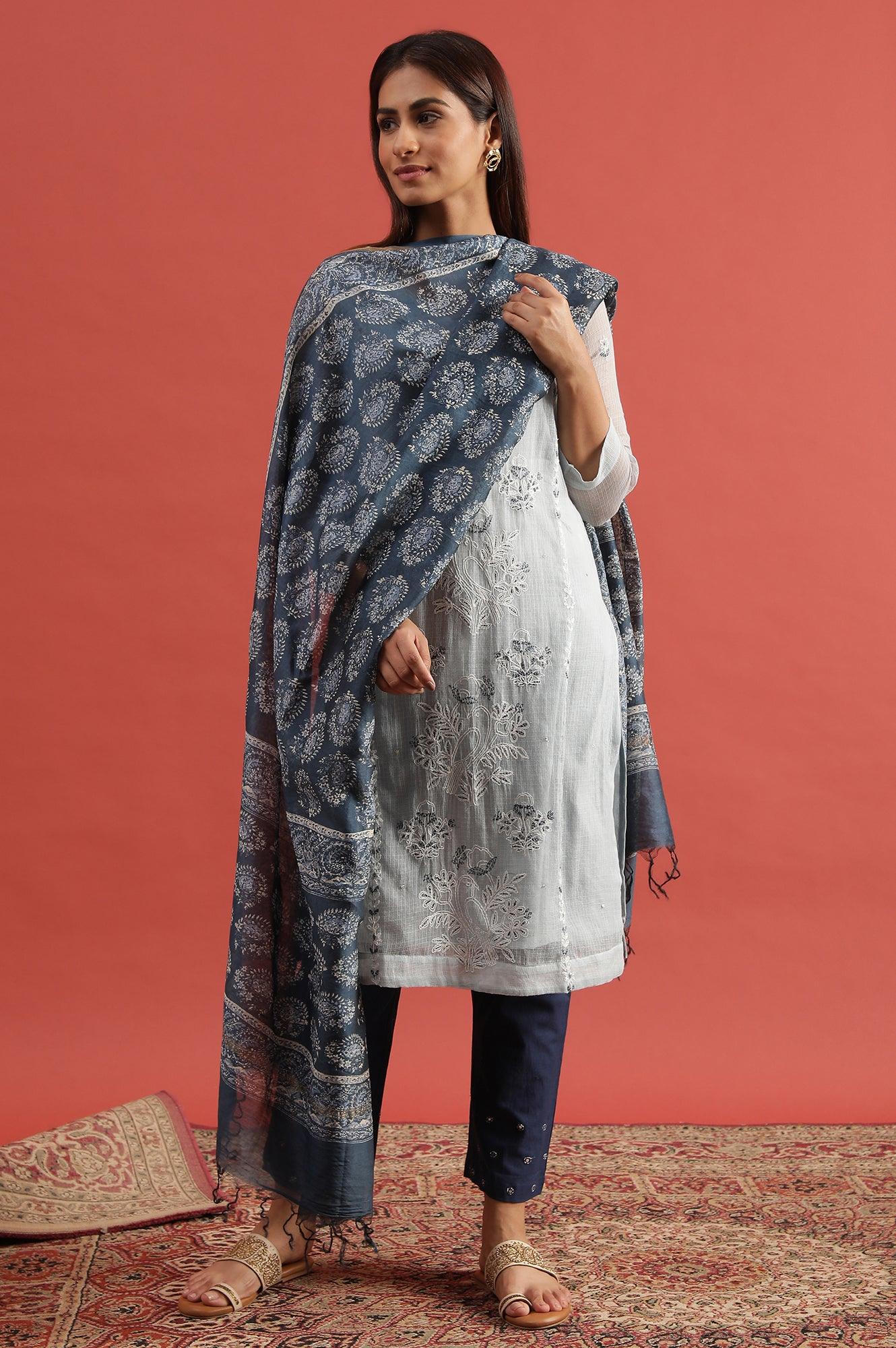 Blue Printed Cotton Silk Drape - wforwoman