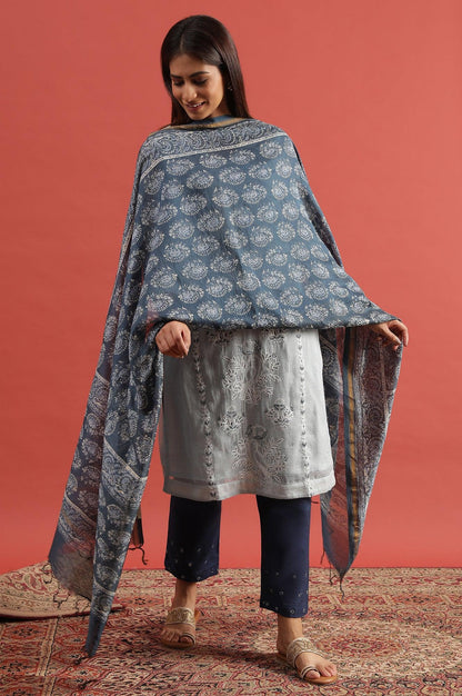 Blue Printed Cotton Silk Drape - wforwoman