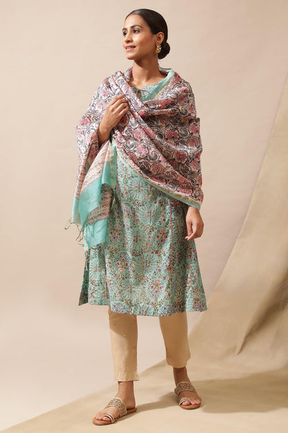 Green Multicolored Hand Block Print Drape - wforwoman