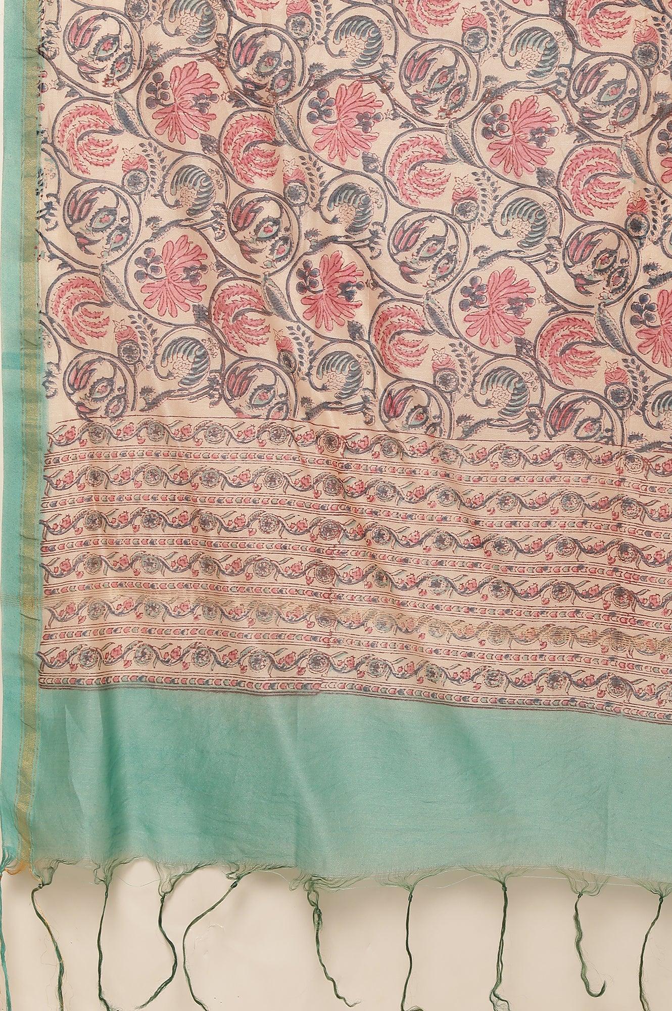 Green Multicolored Hand Block Print Drape - wforwoman