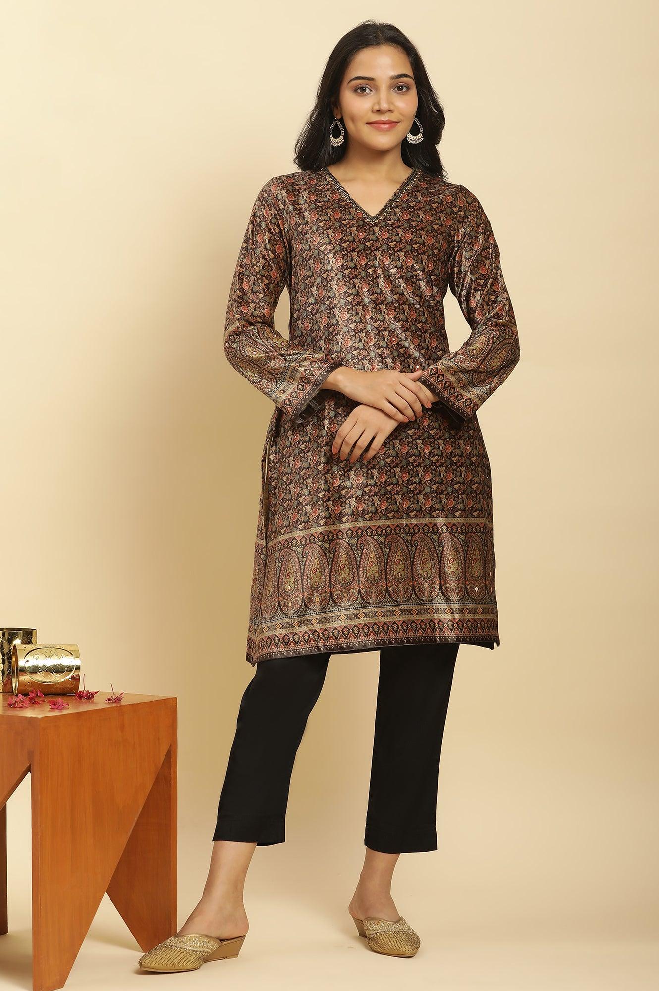 Multicoloured Velvet Embroidered Kurta And Pants Set - wforwoman