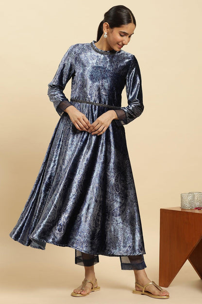 Blue Velvet Paisley Printed Flared Kurta And Pants Set - wforwoman