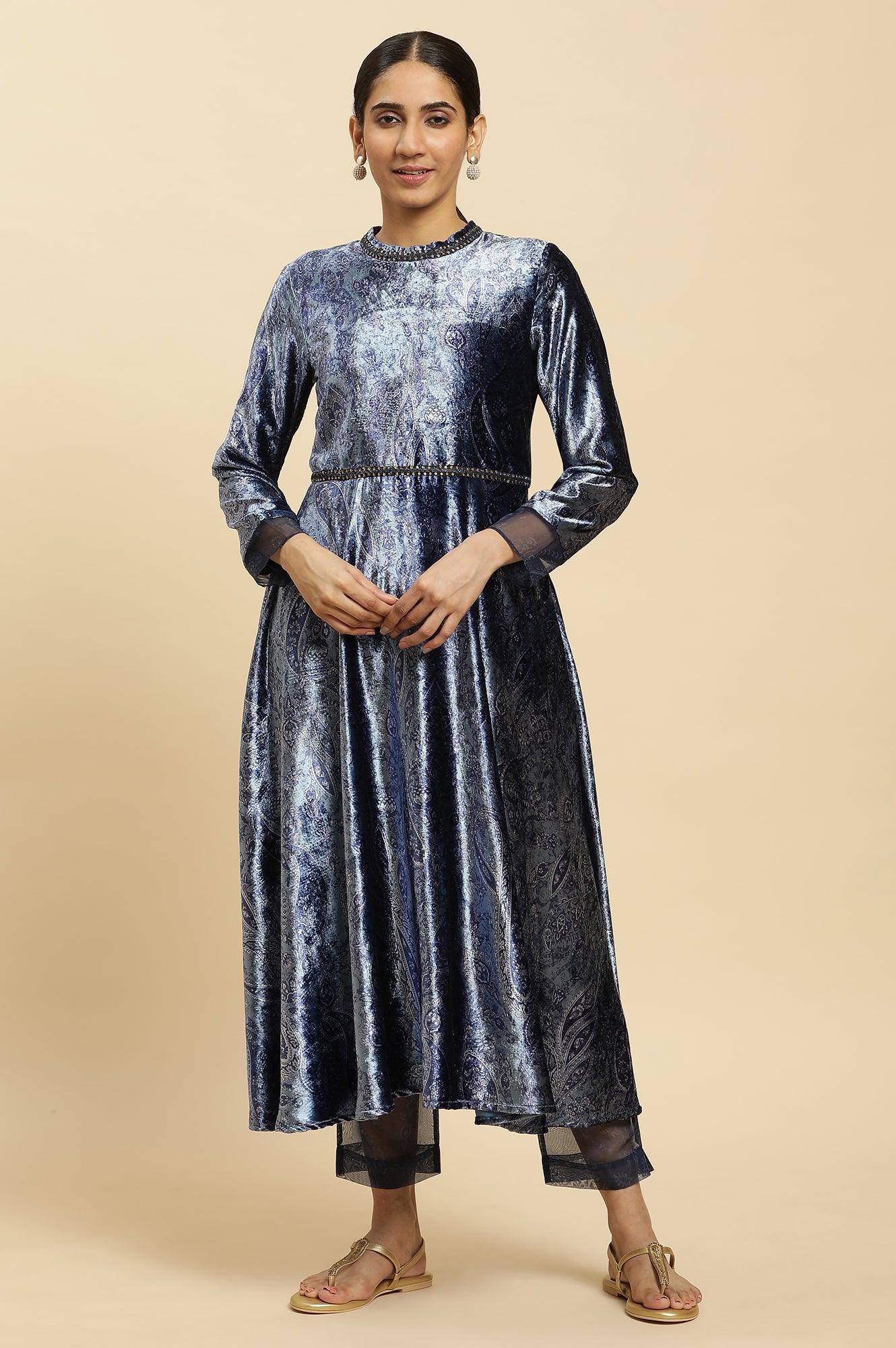 Blue Velvet Paisley Printed Flared Kurta And Pants Set - wforwoman