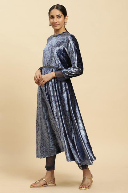 Blue Velvet Paisley Printed Flared Kurta And Pants Set - wforwoman