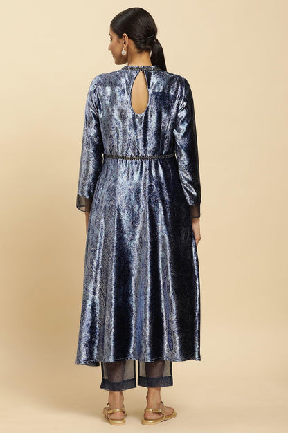 Blue Velvet Paisley Printed Flared Kurta And Pants Set - wforwoman