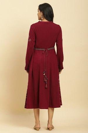 Sangaria Pink Embroidered Winter Dress With Belt - wforwoman
