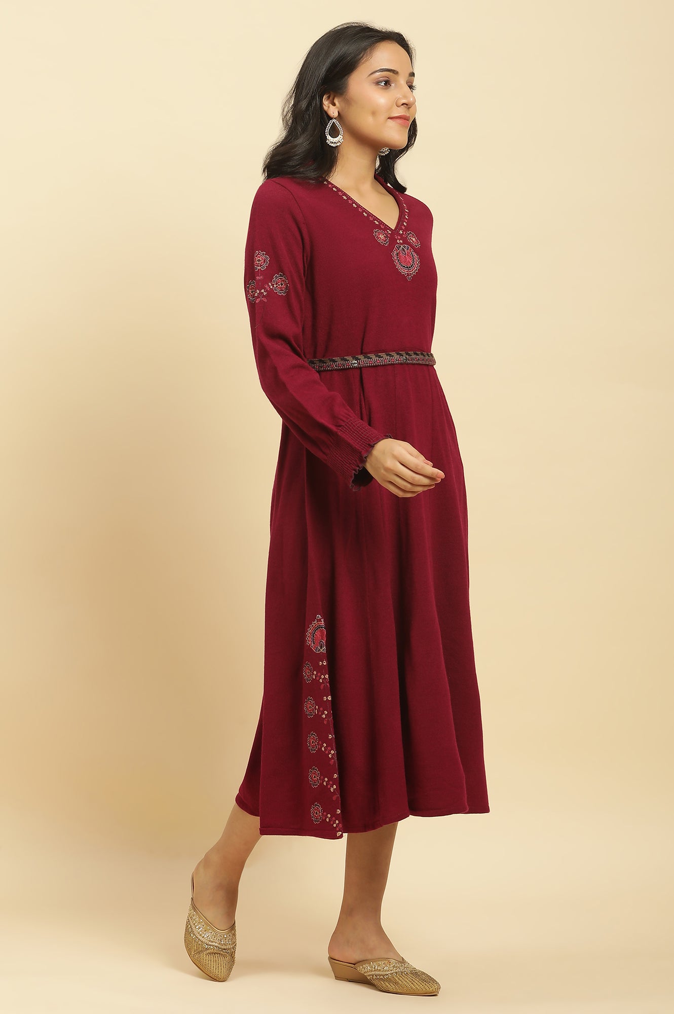 Sangaria Pink Embroidered Winter Dress With Belt