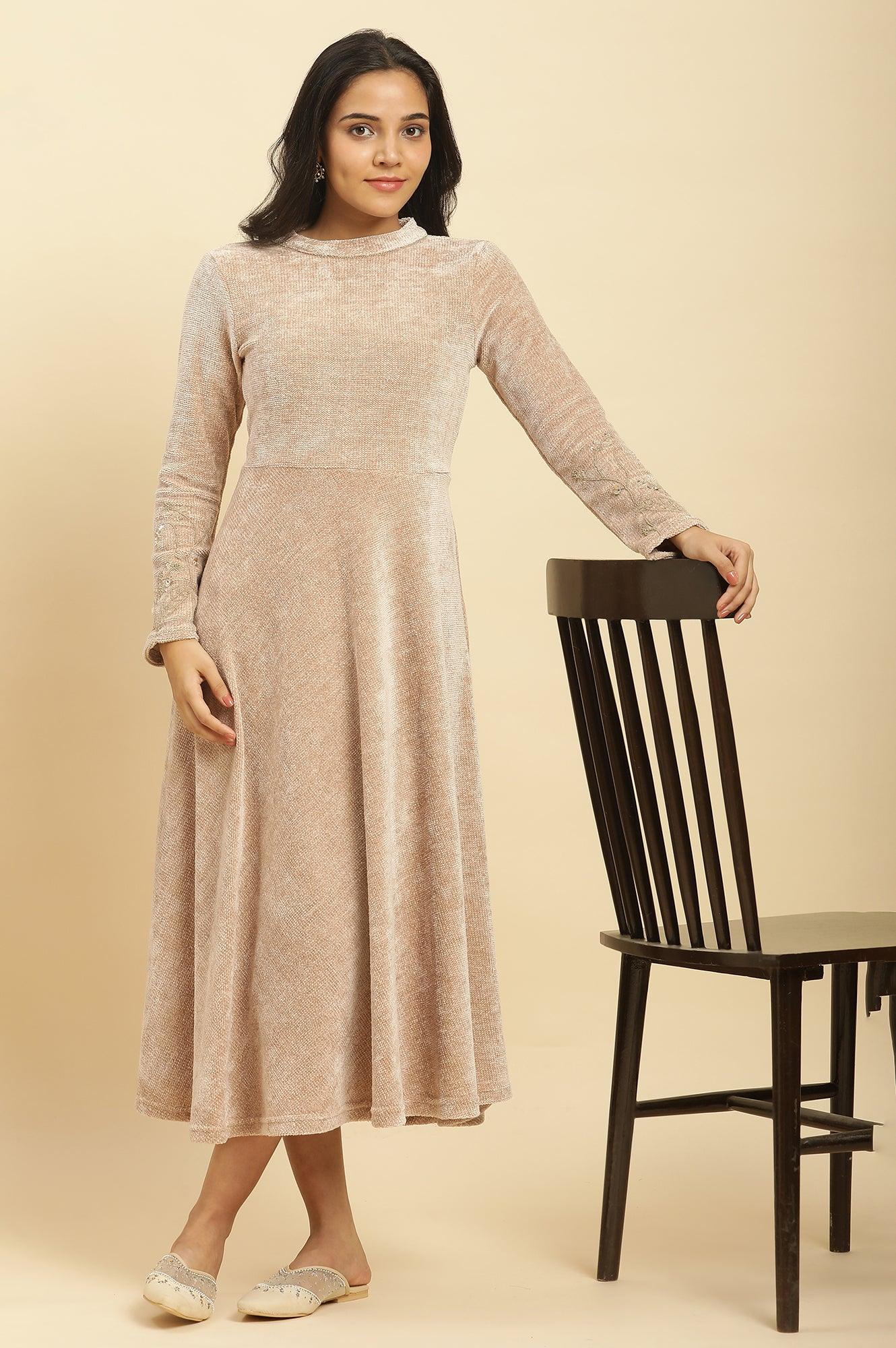 Cream Knitted Circular Flared Winter Dress - wforwoman