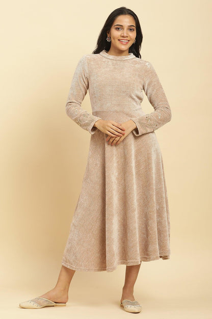 Cream Knitted Circular Flared Winter Dress - wforwoman