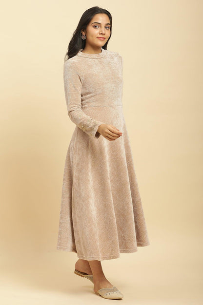 Cream Knitted Circular Flared Winter Dress - wforwoman