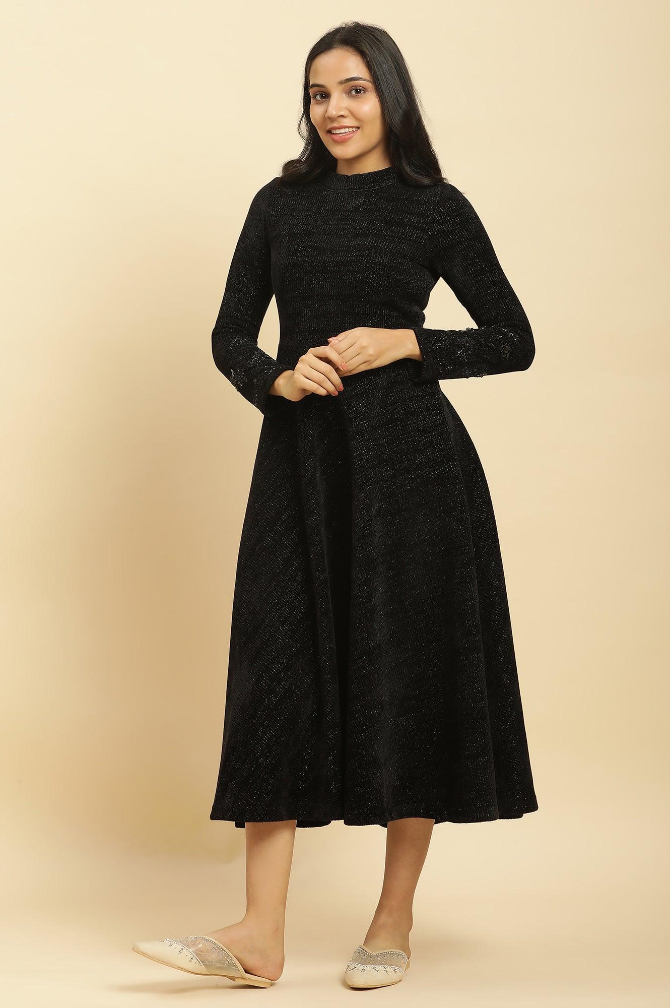 Black Knitted Circular Flared Winter Dress - wforwoman
