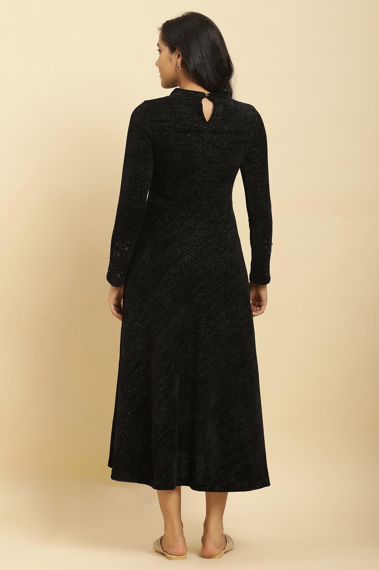 Black Knitted Circular Flared Winter Dress - wforwoman