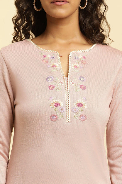 Lotus Pink Embroidered Winter Kurta - wforwoman
