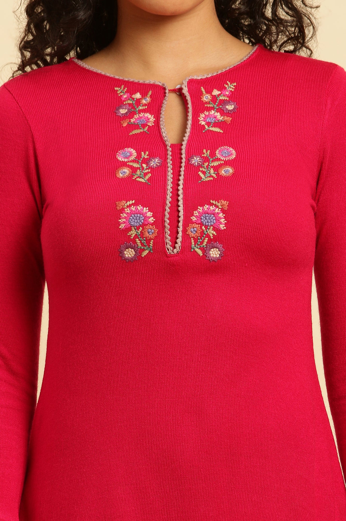 Pink Floral Embroidered Winter Kurta