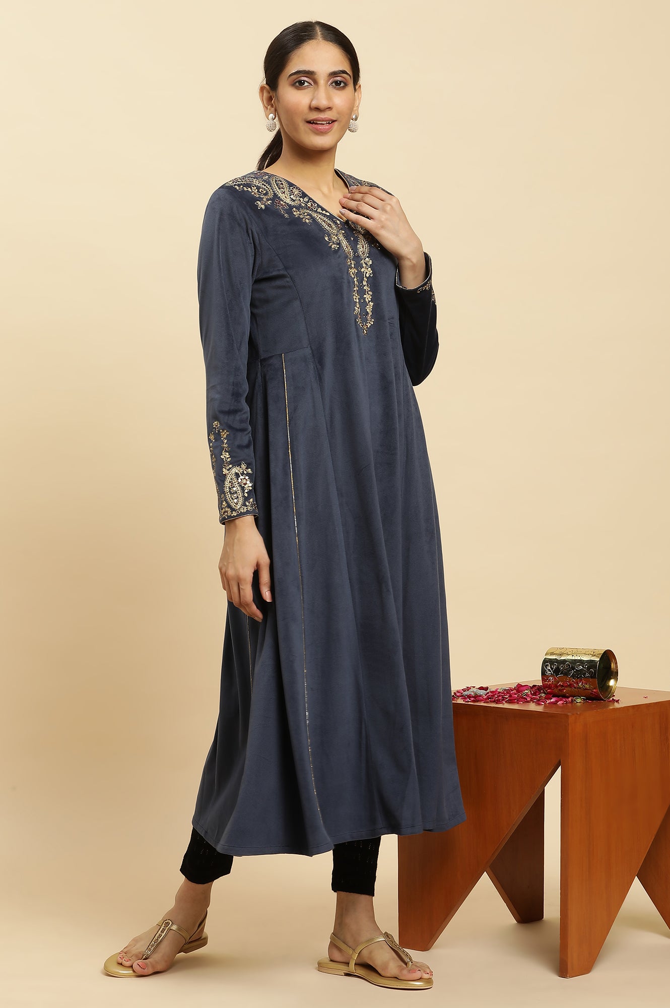 Blue Embroidered Flared Velvet Kurta