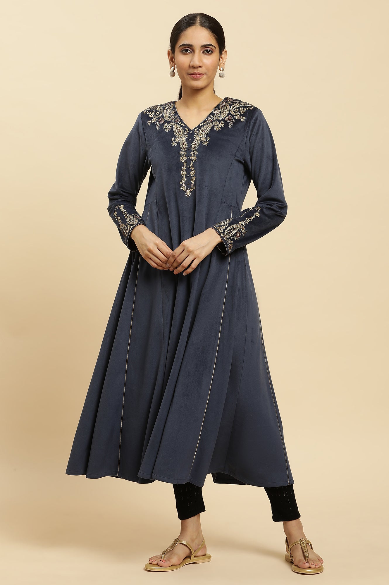 Blue Embroidered Flared Velvet Kurta