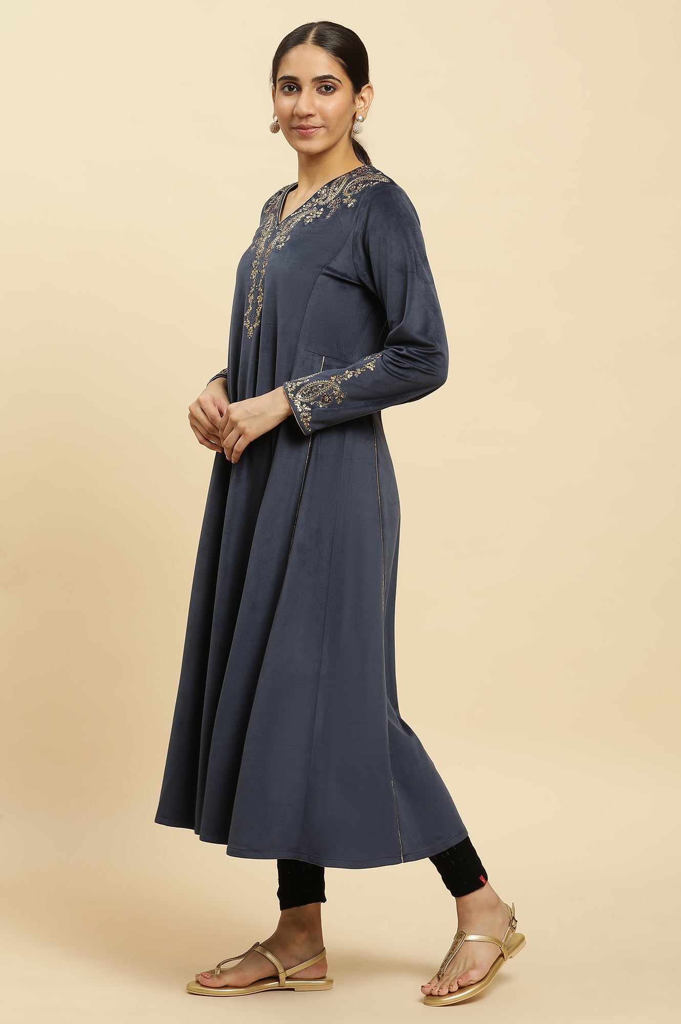 Blue Embroidered Flared Velvet Kurta