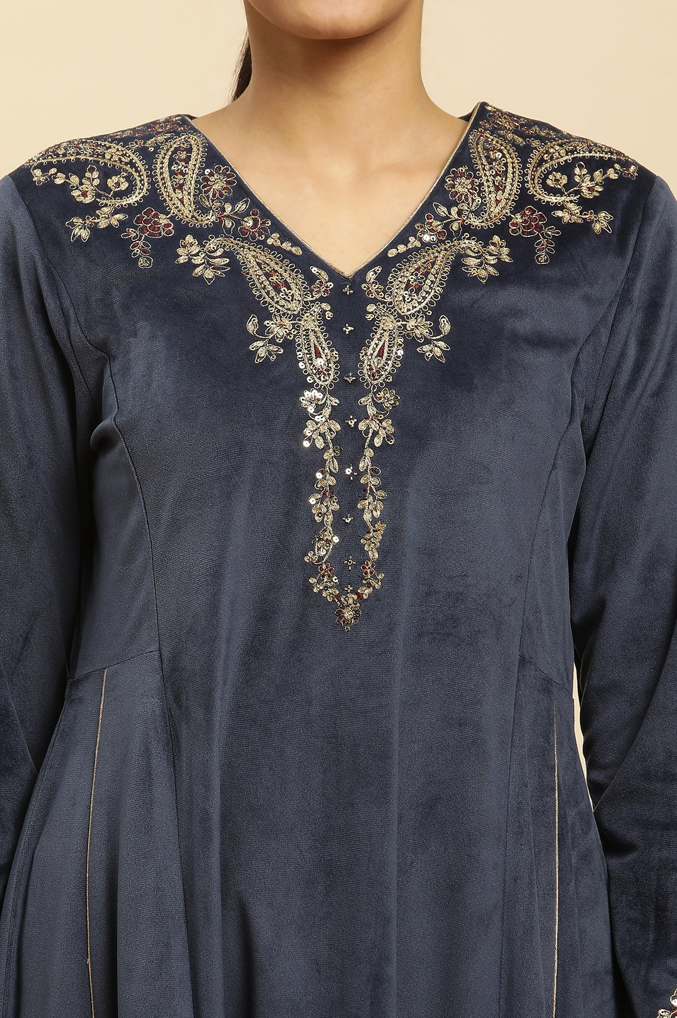 Blue Embroidered Flared Velvet Kurta