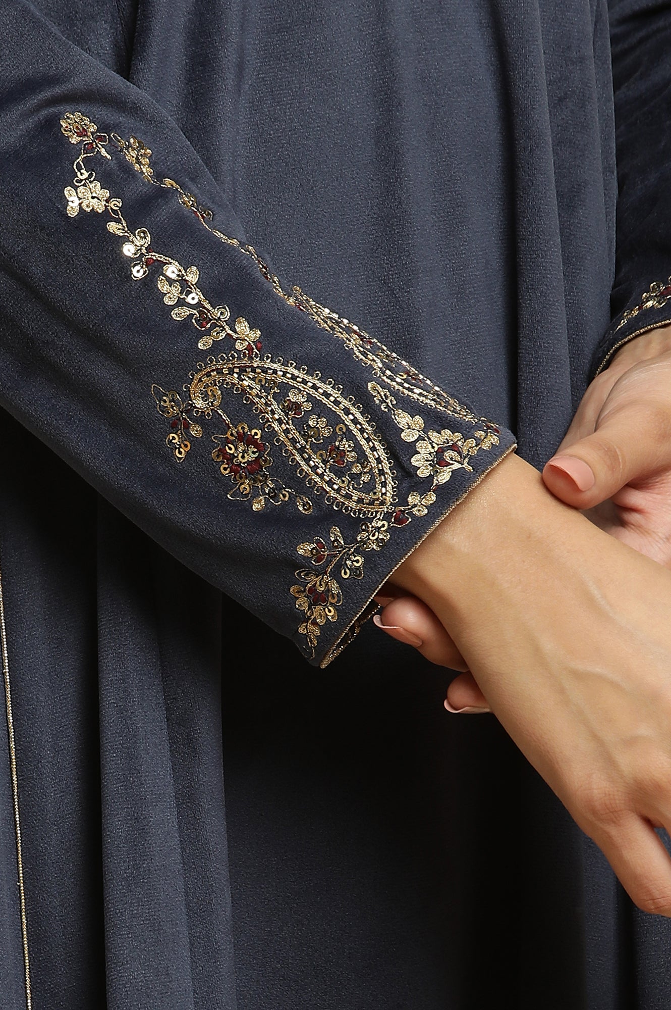 Blue Embroidered Flared Velvet Kurta