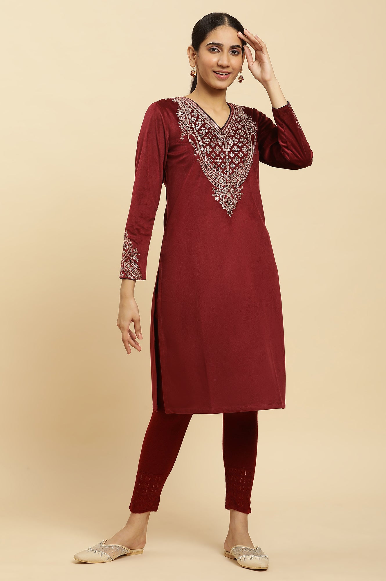 Blue Embroidered Flared Velvet Kurta