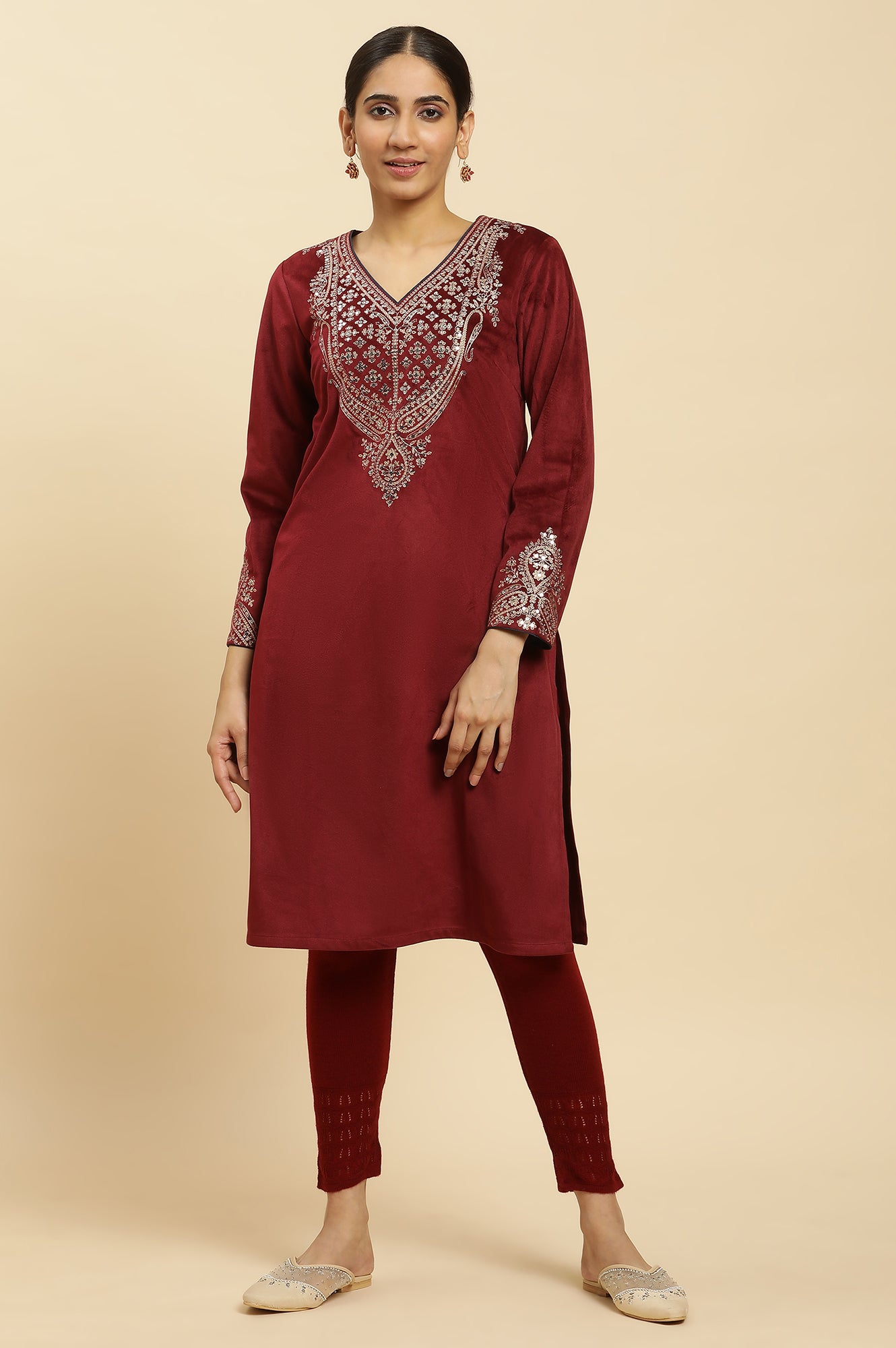 Blue Embroidered Flared Velvet Kurta