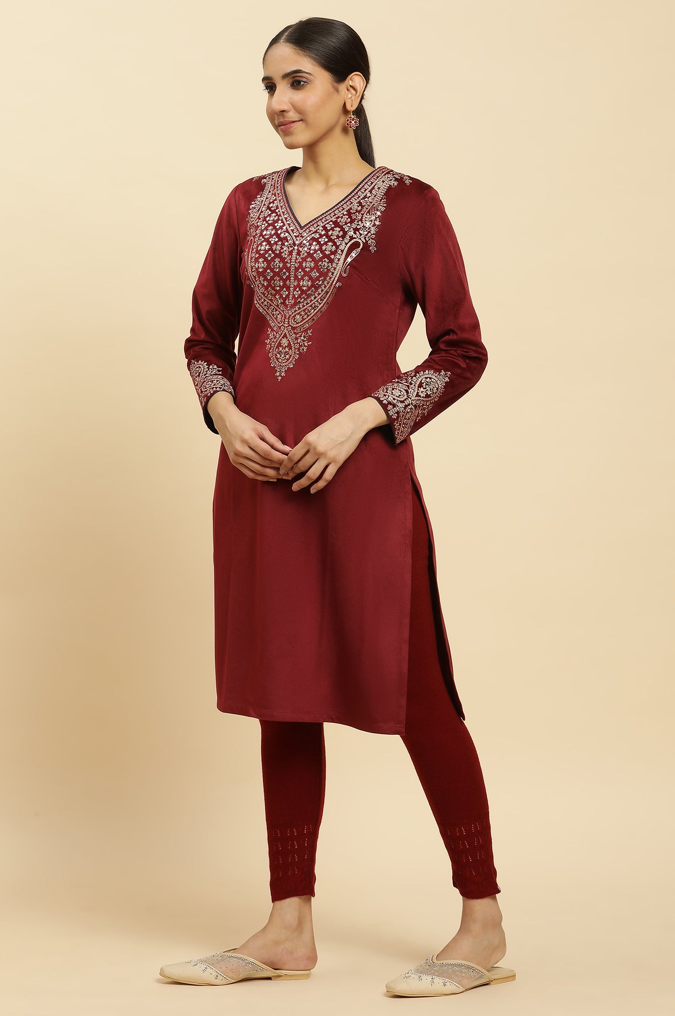 Maroon Embroidered Flared Velvet Kurta